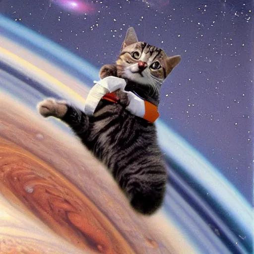 Image similar to cat with astronaut suit flying over the jupiter, photo