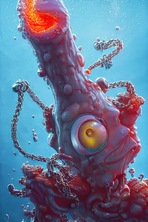 Prompt: SpongeBob, realistic and ultra intricate detailed soft painting, volumetric lighting, mist, chains and red fluid background, Artstation, Tom Bagshaw Yasushi Nirasawa Moebius artstyle, unreal render, depth of field