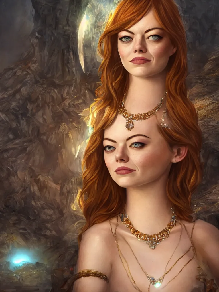 Image similar to close up portrait of emma stone as a beautiful female goddess with glowing necklace, stone courtyard background fantasy atmosphere, decolletage, confident pose, coherent, insane detail, concept art, character concept, cinematic lighting, global illumination radiating a glowing aura