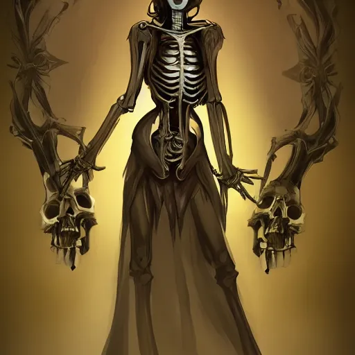 Image similar to a beautiful feminine necromancer raising the dead, illustration, skeleton, character design by nixeu, artstation, 2 d cg