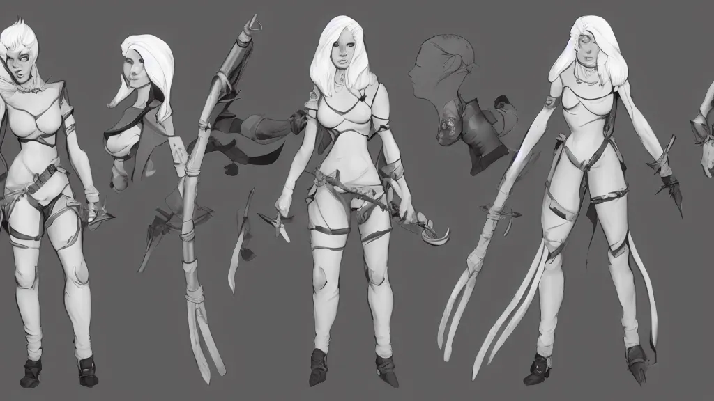 Image similar to a fantasy short white haired female rogue character design sheet, trending on artstation