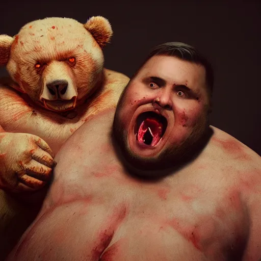 Image similar to cinematography picture of very fat monster with human skin, holding a bear while eating a human, unreal engine 5, ps5, ultra realistic, hyperrealistic, artstation