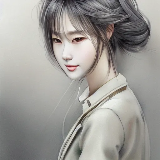 Image similar to dynamic composition, motion, ultra-detailed, incredibly detailed, a lot of details, amazing fine details and brush strokes, colorful and grayish palette, smooth, HD semirealistic anime CG concept art digital painting, watercolor oil painting of a young office lady, by a Chinese artist at ArtStation, by Huang Guangjian, Fenghua Zhong, Ruan Jia, Xin Jin and Wei Chang. Realistic artwork of a Chinese videogame, gradients, gentle an harmonic grayish colors.