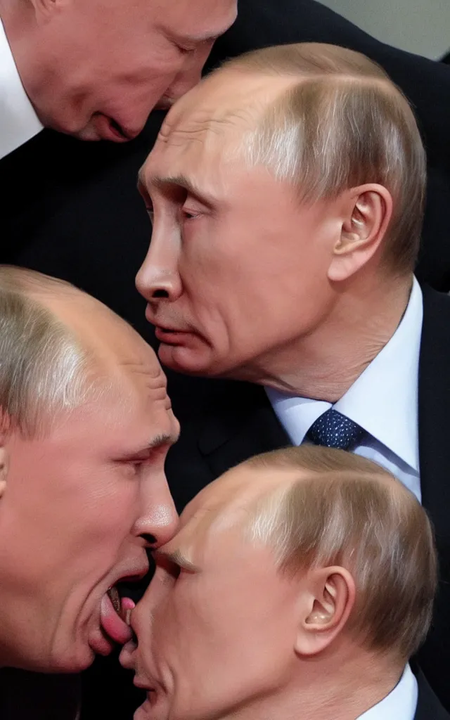 Image similar to vladimir putin kissing selensky with tongue, hyperrealistic