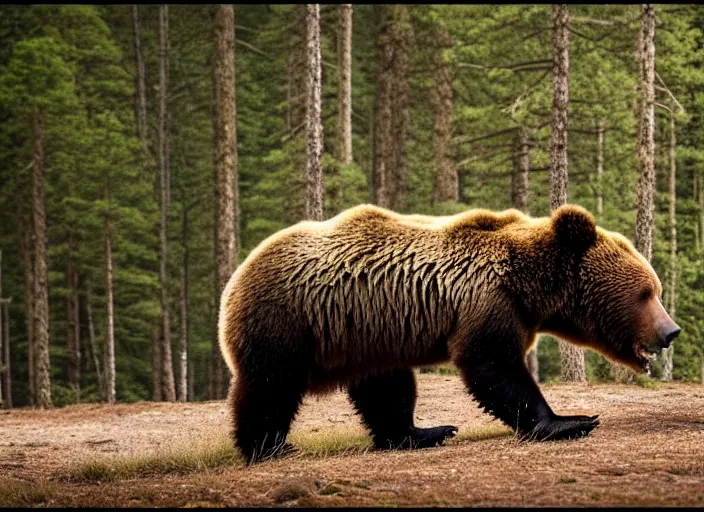 Image similar to photo of chuck norris riding his grizzly bear, in the forest. horror style. highly detailed 8 k. intricate. life - like. soft light. sony a 7 r iv 5 5 mm. award winning photography.