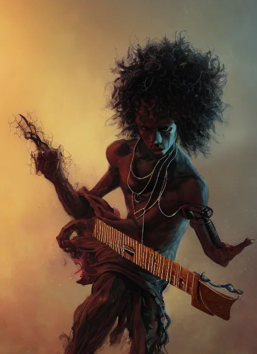 Image similar to fantasy changeling black kid with long curly hair playing electric guitar, between worlds, dim light, front game card, marvel comics, dark, intricate, highly detailed, smooth, artstation, digital illustration by ruan jia and mandy jurgens and artgerm and wayne barlowe and greg rutkowski and zdislav beksinski