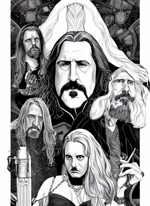 Prompt: big lebowski as a vampire queen, science fiction comic illustration by sana takeda and jenny frison, intricate, stunning inking lines, hyper detailed, 4 k, hd, award winning, photorealistic