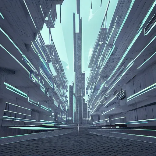 Prompt: point perspective, neon city future brutalist architecture, ultrarealistic, sharp