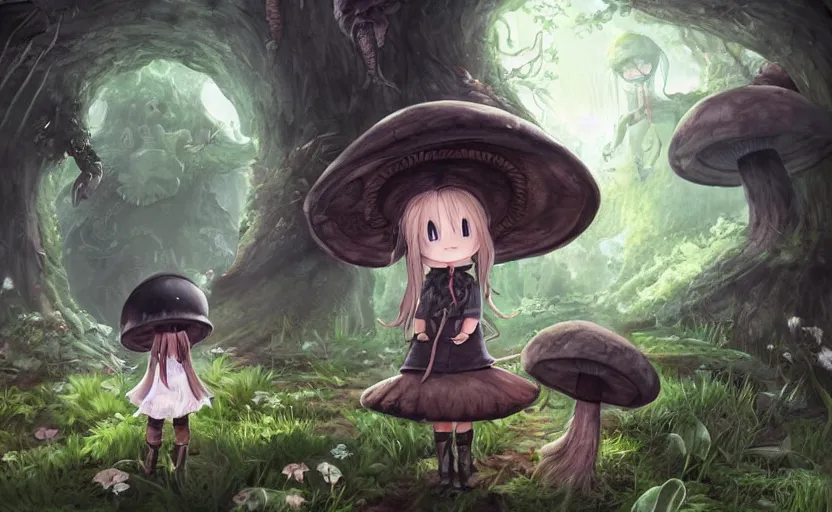 Prompt: cute little girl with an long black wearing an mushroom hat in the dark forest next to a sinister monster, cute, clean detailed art, inspired by made in abyss, detailed background, fantastic world