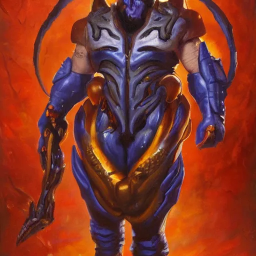 Image similar to full body portrait of a zerg overmind from star craft as the dictator of the los angeles lakers in full military garb, oil on canvas by william sidney mount, trending on artstation