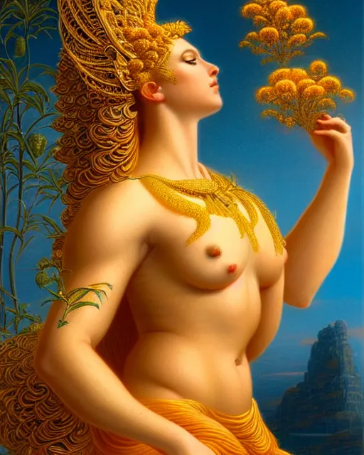 Image similar to portrait of the goddess of golden fire, unusual beauty, flowers and plants, emotionally evoking symbolic metaphors, head in focus, fantasy, ornamental, intricate, elegant, sensual, highly detailed digital painting, artstation, concept art, painterly, golden ratio, sharp focus, illustration, art by John William Godward and Boris Vallejo and Zdzisław Beksiński,