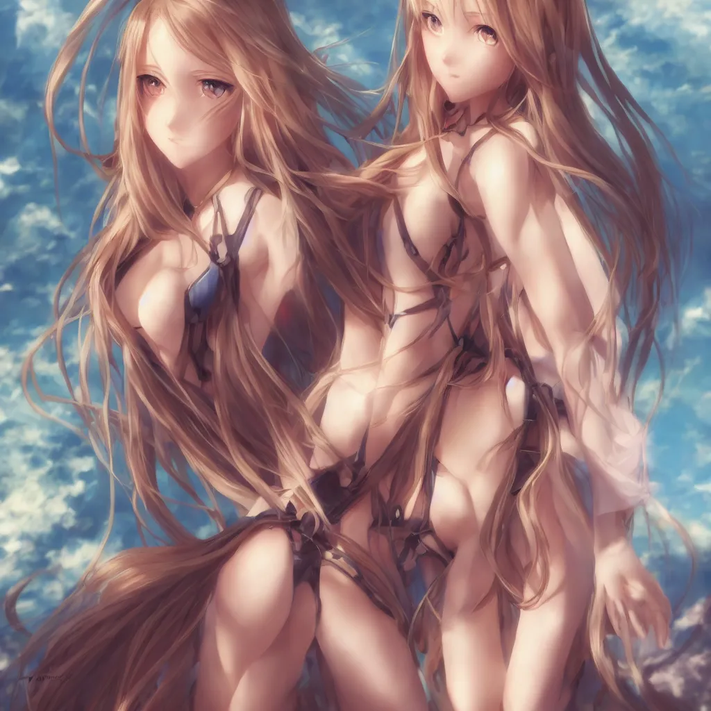 Image similar to a very beautiful young yuuki asuna, full body, long wavy blond hair, sky blue eyes, full round face,, bikini, miniskirt, front view, mid - shot, highly detailed, cinematic wallpaper by stanley artgerm lau