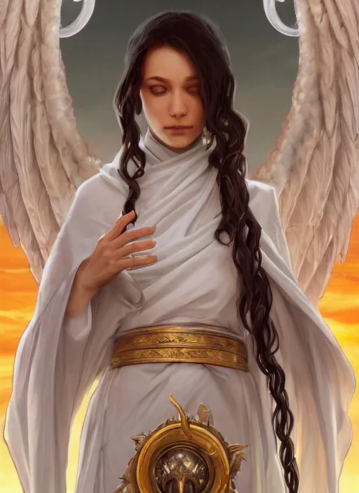 Prompt: holy cephalopod with long flowing white robe angelic wings and a single large knowing eye with long powerful tentacles, highly detailed, digital painting, artstation, concept art, matte, sharp focus, illustration, dramatic, sunset,hearthstone, art by Artgerm and Greg Rutkowski and Alphonse Mucha