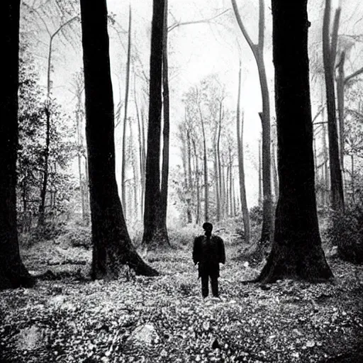 Prompt: old photograph of a a person standing in an eerie forest with an alien standing in the distance behind them