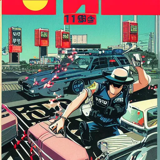 Prompt: 1989 Magazine Cover, Anime Neo-tokyo bank robbers fleeing the scene with bags of money, Police Shootout, Highly Detailed, 8k :4 by Katsuhiro Otomo : 8