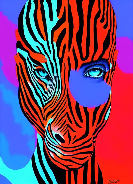 Prompt: red and blue zebra pattern, psychedelic color theme, beautiful hyperrealisitic portrait of burning police officer, tristan eaton, victo ngai, artgerm, rhads, ross draws