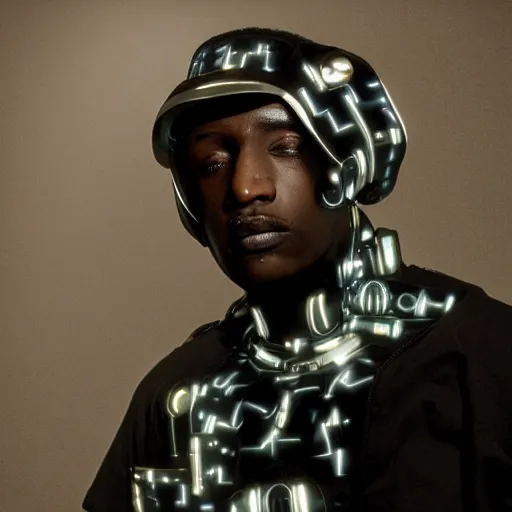 Prompt: a cinematic film still of a black man as a cybernetic cyborg, surrealism, film photography