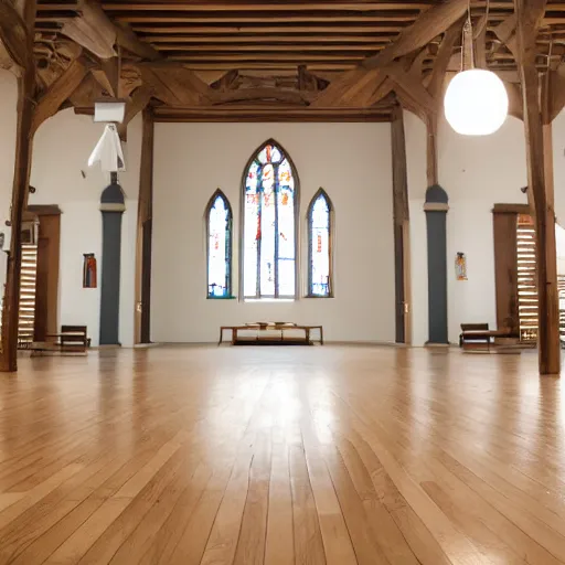 Image similar to a Church interior with white walls and wood floor