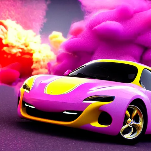 Image similar to a luxurious car is dramatically breaking out of a tv screen. cute 3 d octane render, elegant, an explosion of colorful powder in the background by pixar on artstation, 8 k