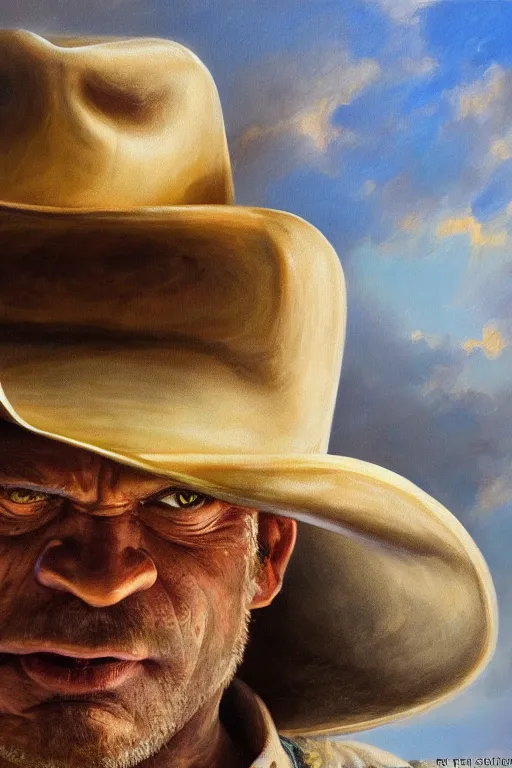 Image similar to !dream hulk wearing a cowboy hat, oil on canvas, intricate, portrait, 8k highly professionally detailed, HDR, CGsociety