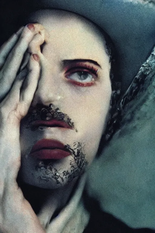 Image similar to hyperrealism close - up fashion portrait by roversi photo from the holy mountain by alejandro jodorowsky in style of francisco goya