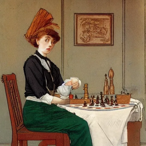 Image similar to a young edwardian woman wearing a green blouse and grey skirt sits by a chessboard at a table, in the style of carl larsson