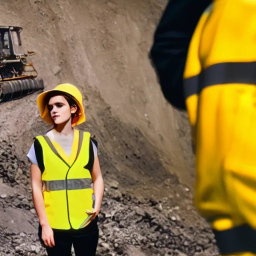 Image similar to photo, close up, emma watson in a hi vis vest, inside coal mine, portrait, kodak gold 2 0 0,