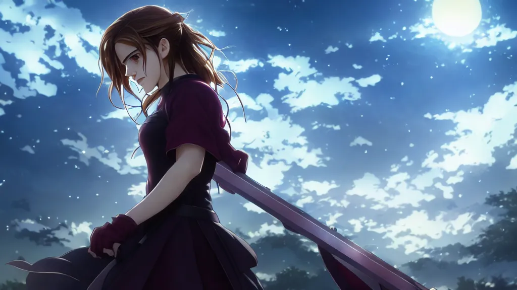 Prompt: emma watson in heavens feel movie, demon slayer, ufotable, high quality, artgerm, action, street lamp, on a street at night, fate stay night, unlimited blade works, greg rutkowski, high resolution, dynamic pose, medium portrait, street clothes, action, hyper realistic, anime, koyoharu gotouge, sakuga