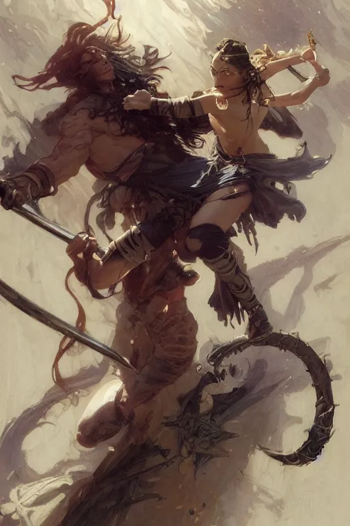 Image similar to An epic fight moment between a demon slayer with female skilled samourai in style of by gaston bussiere, and craig mullins and greg rutkowski and alphonse mucha, awesomenes , concept art world,