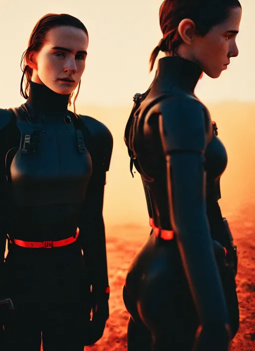 Image similar to cinestill 5 0 d photographic portrait of two sultry loving female androids wearing rugged black techwear on a desolate plain with a red sky, extreme closeup, cyberpunk style, garters, dust storm, 8 k, hd, high resolution, 3 5 mm, f / 3 2, ultra realistic faces, ex machina