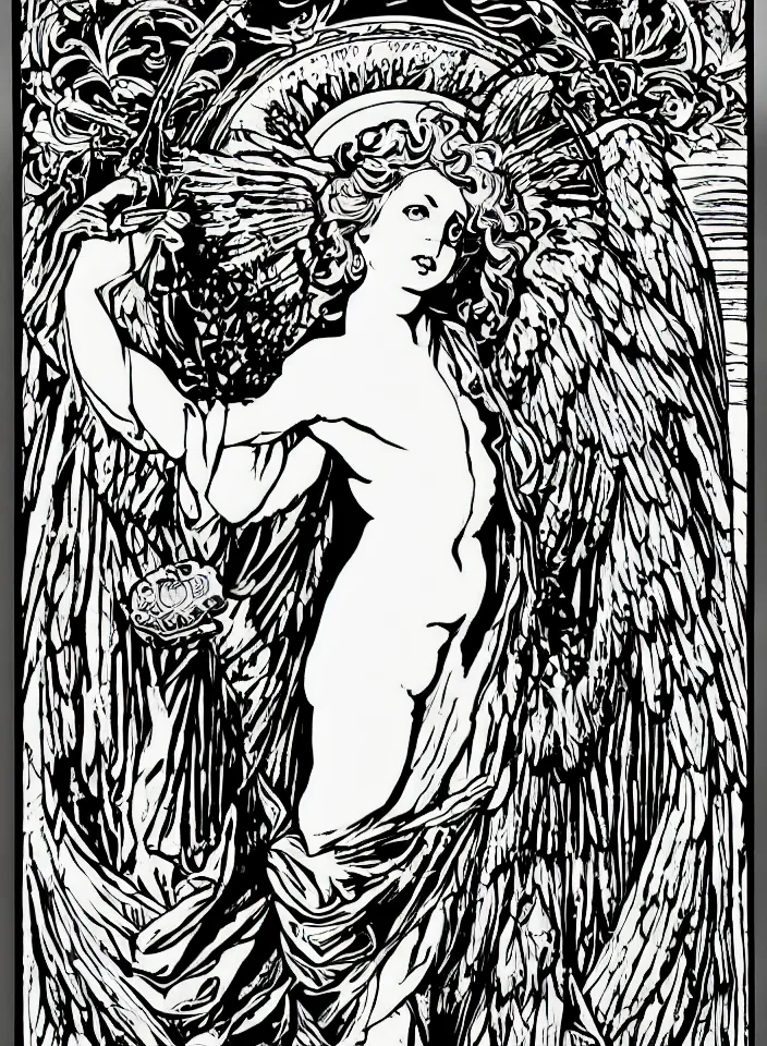Image similar to detailed high contrast with bold lines angel holding a television, art nouveau, symbolist, visionary, gothic, horizontal symmetry