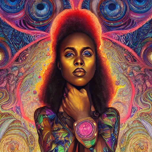 Image similar to portrait of dewanda wise, hyper detailed masterpiece, neon floral pattern, jean giraud, digital art painting, darkwave goth aesthetic, psychedelic, artgerm, donato giancola and tom bagshaw