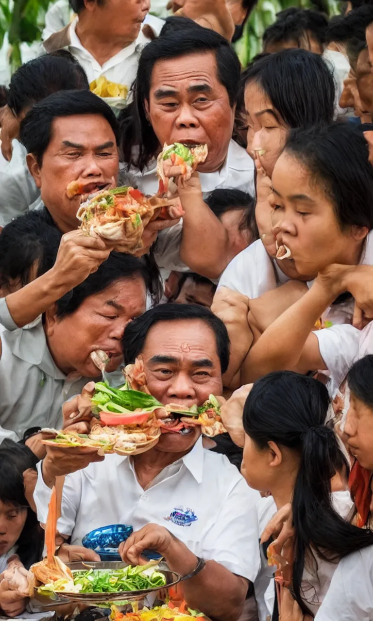 Image similar to portrait of prayut janocha eating a thai teen future for breakfast, hd, high detail, cleary see face, photo