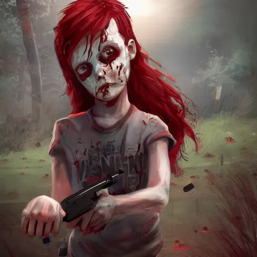 Image similar to a concept art of a boy and a girl with red hair holding a gun, zombie apocalypse, highly detailed, digital painting, artstation, concept art, smooth, sharp focus, illustration