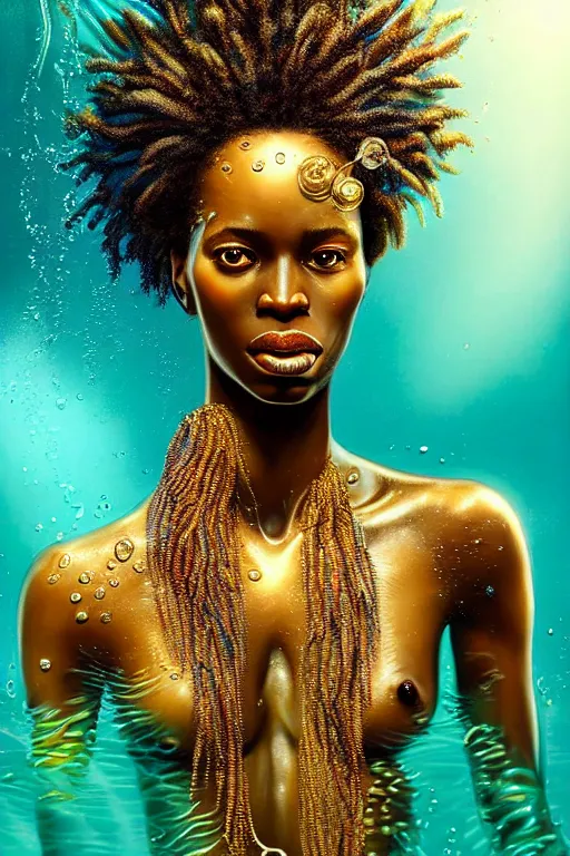 Image similar to hyperrealistic full body! very expressive! translucent!! african goddess, cinematic underwater scene with fish and algae, gold jewerly, highly detailed face, digital art masterpiece, smooth eric zener cam de leon, dramatic pearlescent turquoise light on one side, low angle uhd 8 k, shallow depth of field