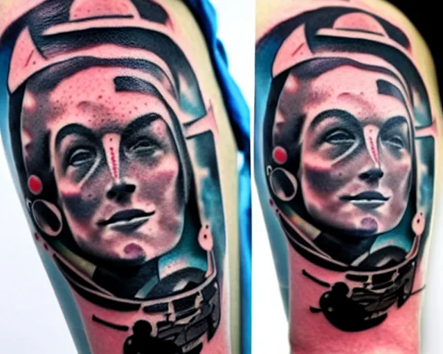 Prompt: a tattoo of space pioneers, black tattoo ink