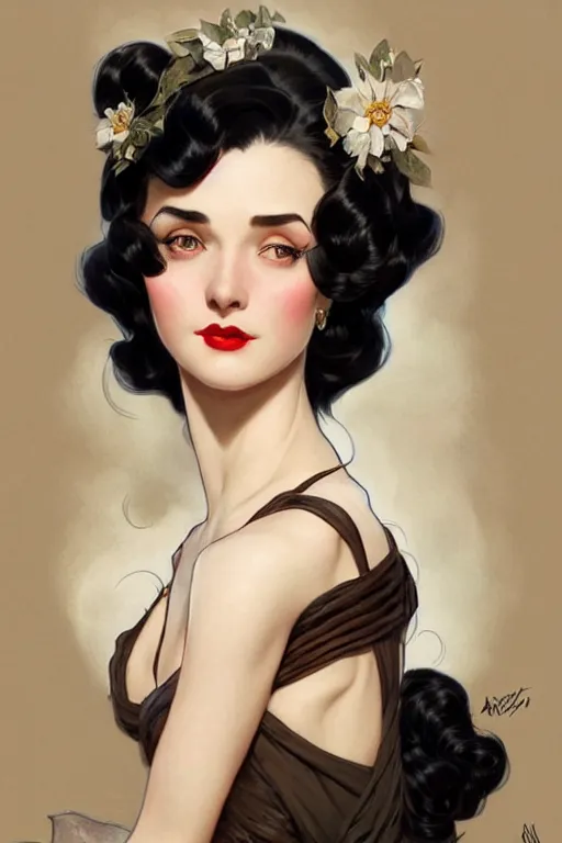 Image similar to a woman with black hair, dressed in 1940's fashion, D&D, fantasy, intricate, elegant, highly detailed, digital painting, artstation, concept art, matte, sharp focus, illustration, art by Artgerm and Greg Rutkowski and Alphonse Mucha