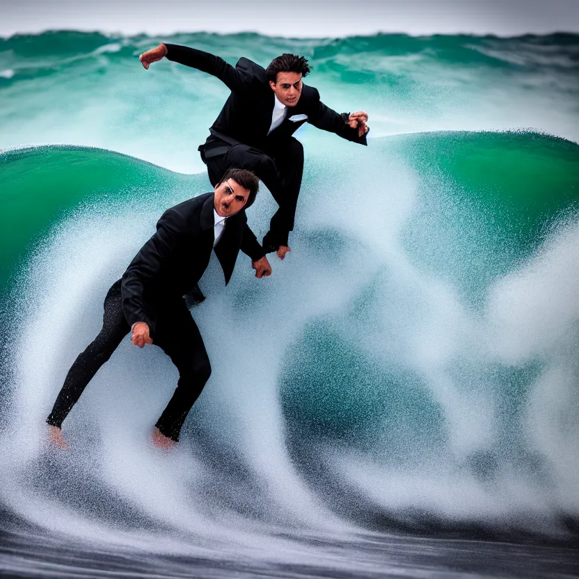 Image similar to man in black suit surfs carpet which looks like ocean wave in nazare, furniture around, business surrounding, dslr, insane details, hyper reallistic, 8 k, clear face and eyes, ultra clear detail, hdr, textured, award winning, professional photography