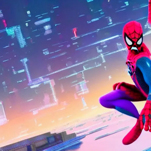 Image similar to spiderman and pregnant princess elsa go on an adventure, cinematic render, into the spiderverse 2 0 1 8, sony animation official media