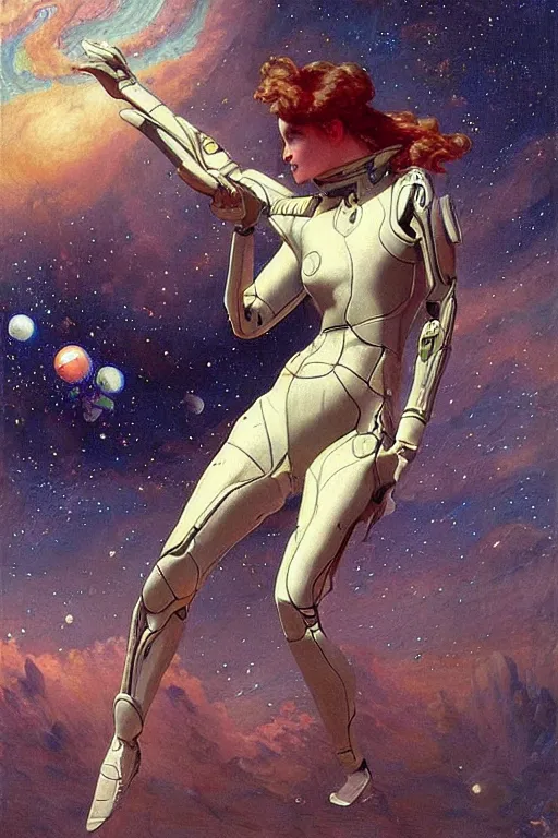 Image similar to “big chaotic beutiful and open space with many stars and space battleship far away in the horizon, woman in futuristic spacesuit that revealing her beautiful fit body, pointing to the space battleship, in the style of Gaston Bussière, art nouveau”