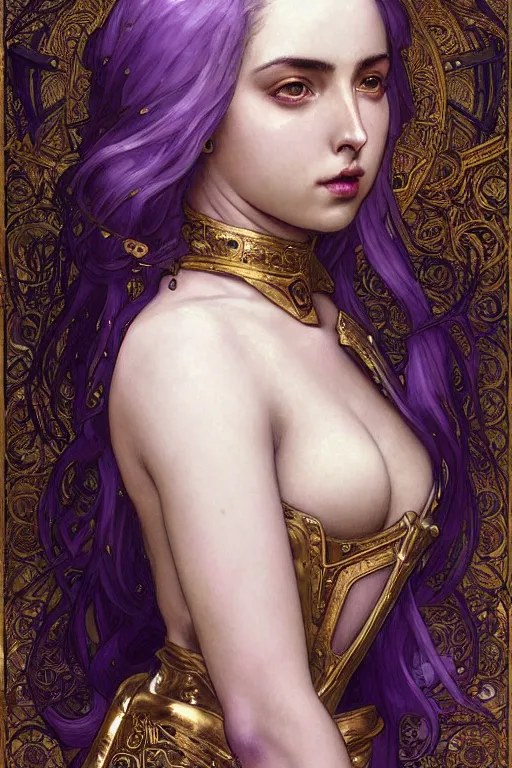 Prompt: sexy ana de armas beautiful and victorian and holy and divine and elite young medieval female white armor knight portrait +shiny eyes+front face with long flowing hair, lilac hair, ultradetail face, gold filigree, body covered in fire, art and illustration by tian zi and craig mullins and WLOP and alphonse mucha, fantasy, sci-fi, intricate complexity, human structure, human anatomy, fantasy character concept, blurry, hyperrealism 8k, warm golden backlit