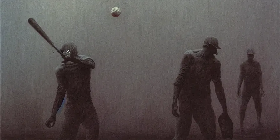 Image similar to painting of a man playing baseball with eldritch beings, by Zdzislaw Beksinski, gothic, amazing details, cold hue's, warm tone gradient background