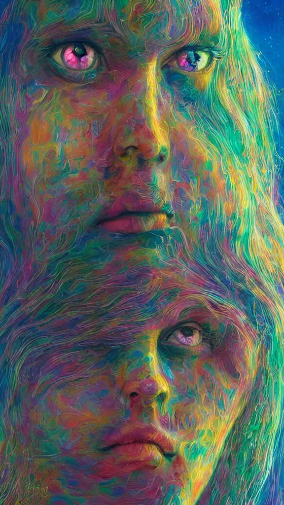 Image similar to hyperrealistic abstract close-up female! portrait Renaissance psychedelic!! celestial happy! pure creature!! peaceful! kind spirit of nature! beautiful fractal!! eyes! highly detailed concept art eric zener elson peter cinematic hard rainbow lighting high angle hd 8k sharp shallow depth of field endless, inspired by Zdzisław Beksiński Salvador Dali