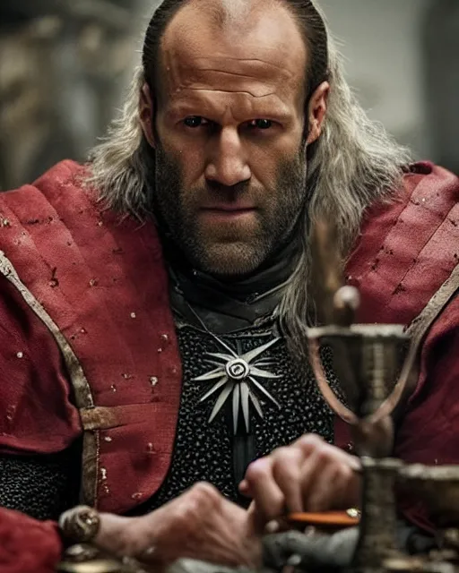 Prompt: jason statham cast as dijkstra in the witcher netflix series wearing soft red fabric aristocratic clothing, large outfit, royal attire, shaved bald head, sitting at dining table