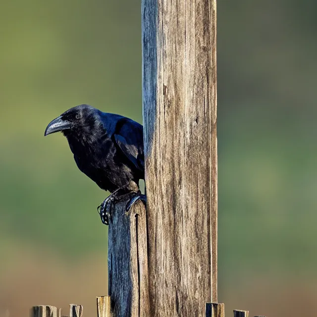 Prompt: crow on a fence post, nature photography, wildlife photography canon, sony, nikon, olympus, 4 k, hd, telephoto, award winning, depth of field, golden hour