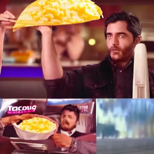 Image similar to Taco Bell commercial for the new double cheesy feces taco, loaded with double portions of cow shit, soft diffused light