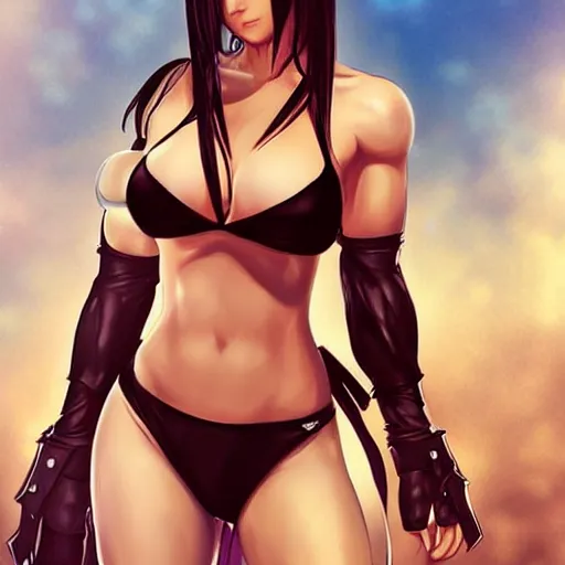 Image similar to beautiful tifa from final fantasy in a bikini, drawn by artgerm