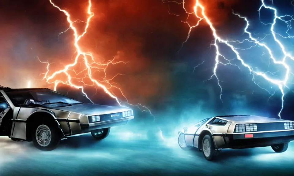 Image similar to scene from back to the future, delorean driving fast, lightning, fire, driving through portal, motion blur