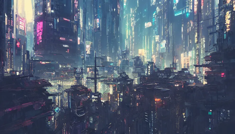 Image similar to A beautiful picture of an establishing shot of a cyberpunk neo tokyo cityscape by Sergey Vasnev and Ismail Inceoglu , trending on artstation.