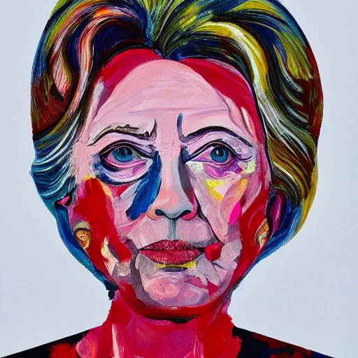 Prompt: abstract gouache portrait of hillary clinton's face, painted during a manic schizophrenic episode
